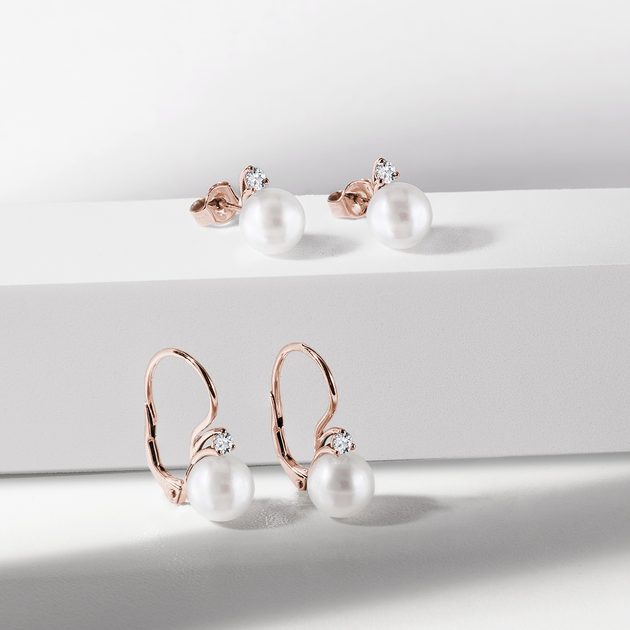 Rose Gold Earrings with Pearl and Briliant | KLENOTA