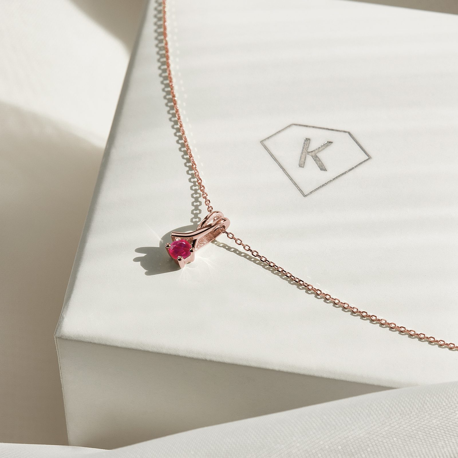 Ruby Ribbon Necklace in Rose Gold | KLENOTA
