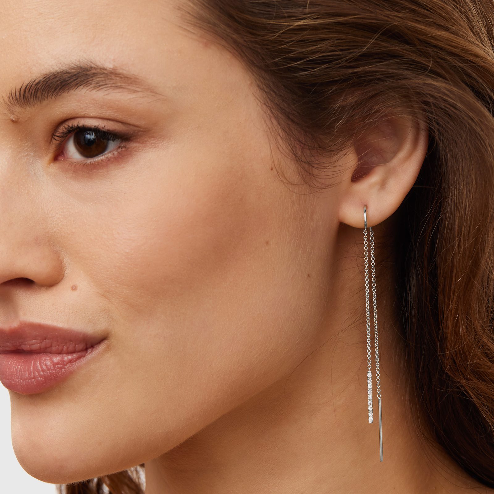 Diamond Bar Threader Earrings in White Gold