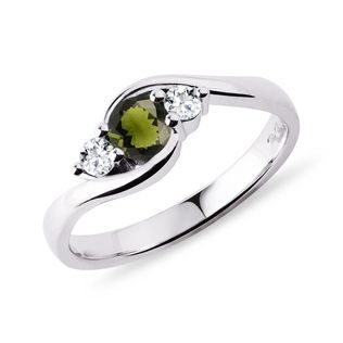 Ring with Moldavite and Diamonds in White Gold