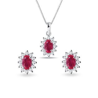 Ruby and diamond halo earring and necklace set in white gold