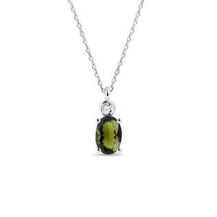 14K WHITE GOLD NECKLACE WITH A MOLDAVITE AND DIAMOND PENDANT - MOLDAVITE NECKLACES - NECKLACES