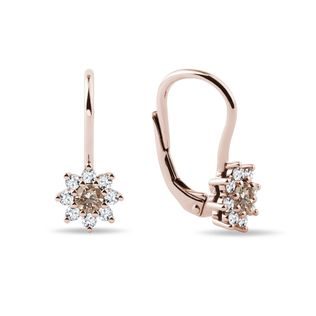 BOUCLES D'OREILLES EN OR ROSE AVEC FLEURS ET DIAMANTS CHAMPAGNE - BOUCLES D'OREILLES EN DIAMANT - BOUCLES D'OREILLES