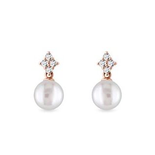 BOUCLES D'OREILLES D'OR ROSE SERTIES DE PERLES ET DE DIAMANTS - BOUCLES D'OREILLES EN PERLES - PERLES