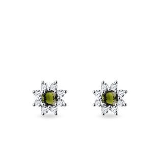 MOLDAVITE AND DIAMOND FLORAL STUDS IN WHITE GOLD - MOLDAVITE EARRINGS - EARRINGS