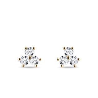 PUCES D'OREILLES EN OR AVEC TROIS DIAMANTS - PUCES D'OREILLES EN DIAMANT - BOUCLES D'OREILLES