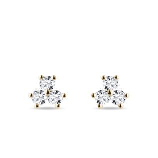 PUCES D'OREILLES EN OR AVEC TROIS DIAMANTS - PUCES D'OREILLES EN DIAMANT - BOUCLES D'OREILLES