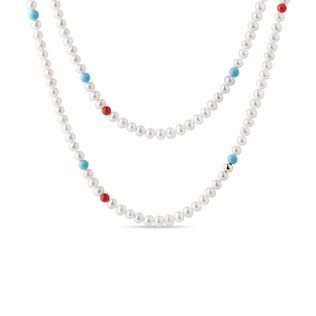 COLLIER DE PERLES EN OR JAUNE AVEC TURQUOISE ET CORAIL - COLLIERS DE PERLES - PERLES