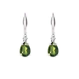 BOUCLES D'OREILLES EN OR BLANC AVEC DIAMANTS ET MOLDAVITE - BOUCLES D'OREILLES EN MOLDAVITE - BOUCLES D'OREILLES