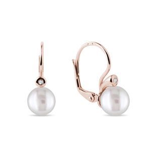 PEARL AND DIAMOND LEVERBACK EARRINGS IN ROSE GOLD - PEARL EARRINGS - PEARL JEWELRY