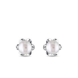 PEARL FLOWER STUD EARRINGS IN WHITE GOLD - PEARL EARRINGS - PEARL JEWELRY