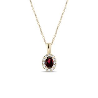 Oval Garnet and Diamond Gold Halo Necklace