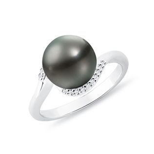 TAHITIAN PEARL AND DIAMOND RING IN WHITE GOLD - PEARL RINGS - PEARL JEWELRY