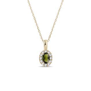 MOLDAVITE AND DIAMOND HALO NECKLACE IN 14K YELLOW GOLD - MOLDAVITE NECKLACES - NECKLACES