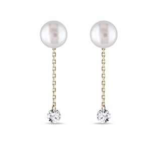 14K YELLOW GOLD PEARL STUD EARRINGS WITH CHAIN AND DIAMONDS - DIAMOND EARRINGS - EARRINGS