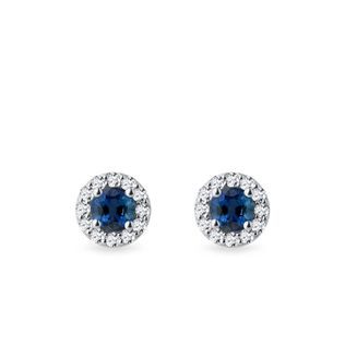 SAPPHIRE AND DIAMOND HALO EARRINGS IN WHITE GOLD - SAPPHIRE EARRINGS - EARRINGS
