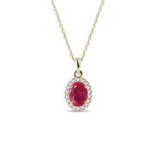 RUBY AND DIAMOND HALO NECKLACE IN YELLOW GOLD - RUBY NECKLACES - NECKLACES