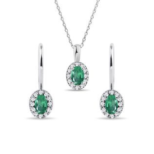 Emerald and Diamond White Gold Halo Jewellery Set