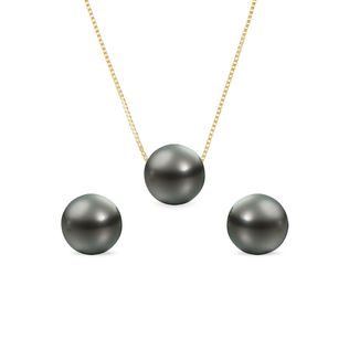 TAHITIAN PEARL EARRING AND NECKLACE SET IN YELLOW GOLD - PEARL SETS - PEARL JEWELLERY