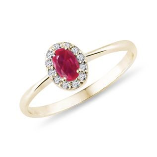 OVAL RUBY AND DIAMOND GOLD HALO RING - RUBY RINGS - RINGS