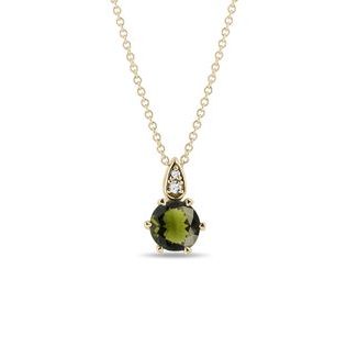 MOLDAVITE AND DIAMOND GOLD NECKLACE - MOLDAVITE NECKLACES - NECKLACES