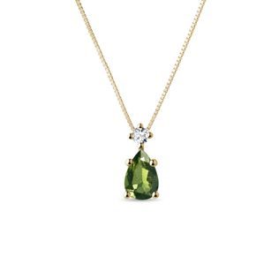 PEAR MOLDAVITE AND DIAMOND GOLD NECKLACE - MOLDAVITE NECKLACES - NECKLACES