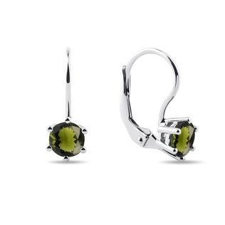 BOUCLES D'OREILLES EN OR BLANC AVEC MOLDAVITES RONDES - BOUCLES D'OREILLES EN MOLDAVITE - BOUCLES D'OREILLES