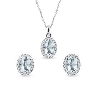 PARURE AURÉOLE AIGUE-MARINE EN OR BLANC - ENSEMBLES DE BIJOUX EN GEMMES - BIJOUX