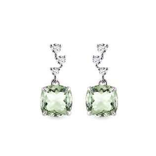 Green amethyst and diamond earrings in white gold