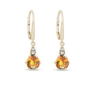 BOUCLES D'OREILLES PENDANTES EN OR AVEC CITRINE ET DIAMANT - BOUCLES D'OREILLES EN CITRINE - BOUCLES D'OREILLES