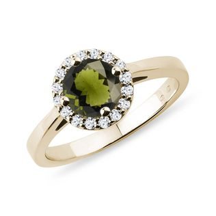 BAGUE HALO EN OR JAUNE AVEC MOLDAVITE ET DIAMANTS - BAGUES EN MOLDAVITE - BAGUES