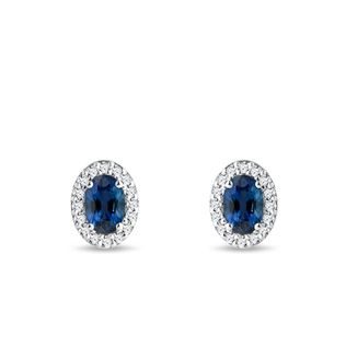 BOUCLES D'OREILLES EN OR BLANC AVEC DIAMANTS ET SAPHIRS OVALES - BOUCLES D'OREILLES EN SAPHIR - BOUCLES D'OREILLES