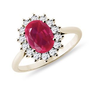 ROUND RUBY AND HALO DIAMOND GOLD RING - RUBY ENGAGEMENT RINGS - ENGAGEMENT RINGS