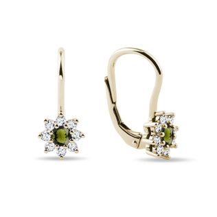 MOLDAVITE AND DIAMOND FLORAL EARRINGS IN YELLOW GOLD - MOLDAVITE EARRINGS - EARRINGS