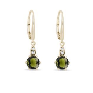 Moldavite and Diamond Gold Dangle Earrings