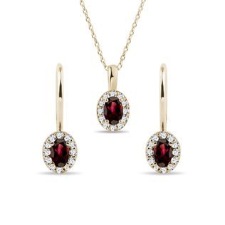 HALO-SCHMUCKSET MIT GRANATEN UND DIAMANTEN IN GELBGOLD - SCHMUCK-SETS - SCHMUCK