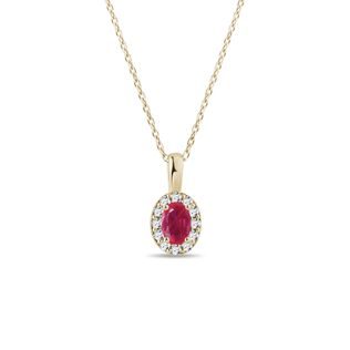 Oval Ruby and Diamond Gold Halo Necklace