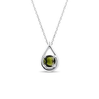 PEAR-SHAPED MOLDAVITE PENDANT WITH A WHITE GOLD CHAIN - MOLDAVITE NECKLACES - NECKLACES