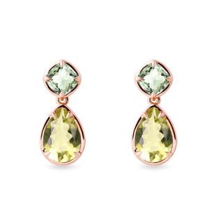 Lemon quartz and green amethyst earrings in yellow gold
