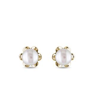 PEARL FLOWER STUD EARRINGS IN YELLOW GOLD - PEARL EARRINGS - PEARL JEWELRY