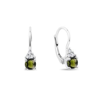 BOUCLES D'OREILLES PENDANTES AVEC VLTAVINE ET DIAMANTS EN OR BLANC - BOUCLES D'OREILLES EN MOLDAVITE - BOUCLES D'OREILLES