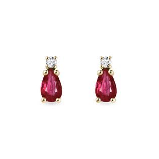 RUBY AND DIAMOND YELLOW GOLD PEAR EARRINGS - RUBY EARRINGS - EARRINGS