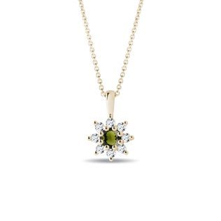 MOLDAVITE AND DIAMOND FLORAL NECKLACE IN YELLOW GOLD - MOLDAVITE NECKLACES - NECKLACES