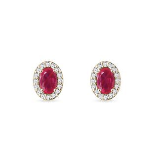 RUBY AND DIAMOND HALO EARRINGS IN YELLOW GOLD - RUBY EARRINGS - EARRINGS