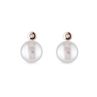 PEARL AND BEZEL CUT DIAMOND EARRINGS IN ROSE GOLD - PEARL EARRINGS - PEARL JEWELRY