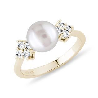 PEARL AND DIAMOND RING IN 14 CT YELLOW GOLD - PEARL RINGS - PEARL JEWELLERY