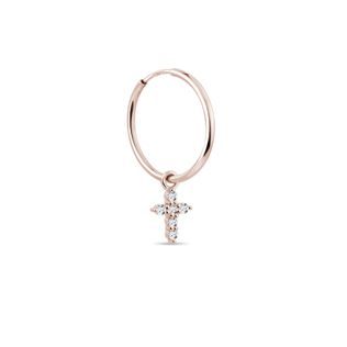 CRÉOLES EN OR ROSE AVEC CROIX EN DIAMANTS - BOUCLES D'OREILLES SOLITAIRES - BOUCLES D'OREILLES