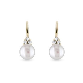 FRESHWATER PEARL AND DIAMOND YELLOW GOLD EARRINGS - PEARL EARRINGS - PEARL JEWELRY