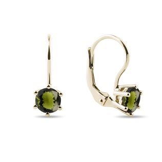BOUCLES D'OREILLES EN OR JAUNE AVEC MOLDAVITES - BOUCLES D'OREILLES EN MOLDAVITE - BOUCLES D'OREILLES