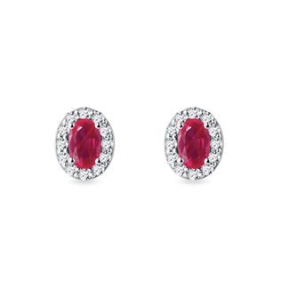 Oval Ruby and Diamond White Gold Halo Stud Earrings